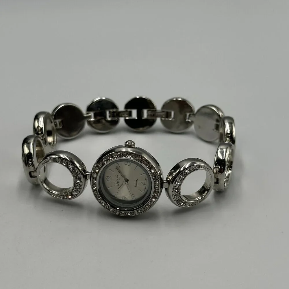 Vivani Watch Women Silver Tone Round Dial Rhinestone Accent Band New Battery 8